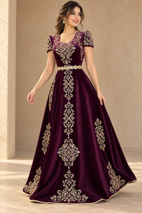Burgundy Embroidered Plum Velvet Breathable Maxi <b>Dress</b> V Neck Long Sleeves <b>Gold</b> Belt Elegant Evening <b>Party</b> Wedding Gown - Product Image 6