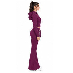 Women's <b>Burgundy</b> Hooded Tracksuit Full Length Zipper Fly Side Pockets Casual Style Solid Color Regular Fit Autumn Wear - Product Image 3