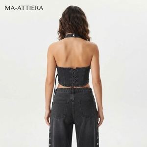 Women Black Denim Halter <b>Crop</b> <b>Top</b> And Cargo Pants Set Eyelet Strap Detail Two Piece Streetwear Outfit - Product Image 2