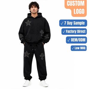 Men 2 Piece Winter Tracksuit Set Oversized Hoodie Jogger Star Cross Patch Heavy Fleece Custom OEM Wholesale Manufacturer - Product Image 1