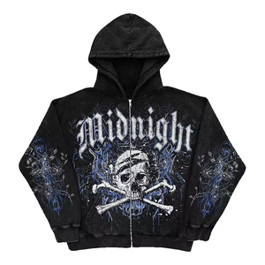 Sudadera con Capucha Midnight Gothic Skull para Hombre, Sudadera de Forro Polar con Cierre, Corte Regular, Estilo Urbano Otoñal, Diseño con Estampado Negro - Product Image 1