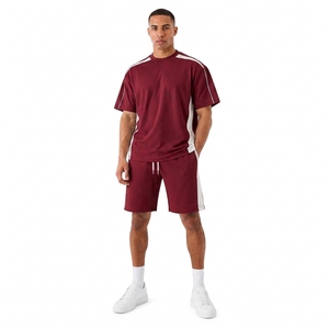Men's Maroon <b>Knitted</b> Casual T-Shirt <b>Set</b> With Drawstring Shorts Summer Breathable Sportswear Crew Neck Loose Fit - Product Image 1