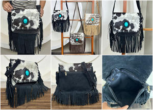 Nuevo estilo occidental pelo en piel de ante con flecos bolso de hombro de cuero bohemio de alta calidad para mujer con piedra turquesa - Product Image 3