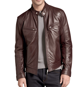 Blouson moto en cuir pour homme, coupe ajustée, fermeture éclair, col montant, noir, coupe-vent, pour l'automne - Product Image 2