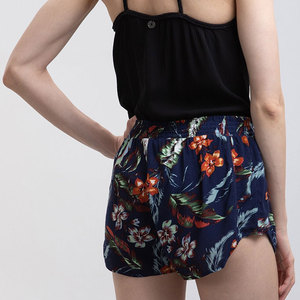 Shorts de Cintura Alta con Estampado Floral para Mujer, Corte Holgado, Cierre con Cordón, Estilo Casual de Gasa, Azul Marino con Detalle de Borlas - Product Image 4