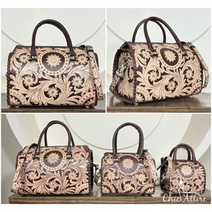 Bolsos de Viaje de Cuero Genuino con Diseño Floral Grabado a Mano Estilo Occidental, Bolsos de Fin de Semana Unisex de Cuero Vacuno, Bolsos de Equipaje Rápidos - Product Image 1