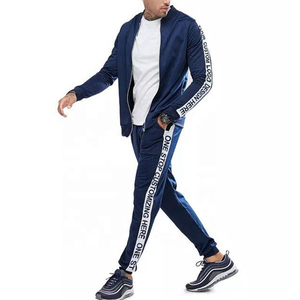 Men's Navy Blue <b>Tracksuit</b> Full Sleeve Zipper Front Streetwear Jogger Set Breathable Polyester Regular Fit Autumn Wear - Product Image 1