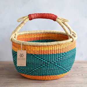 Panier ventre en jonc de mer supérieur, tressé à la main, écologique, motif vert sarcelle et orange, pour rangement de jouets d'enfants en chambre d'enfant - Product Image 4