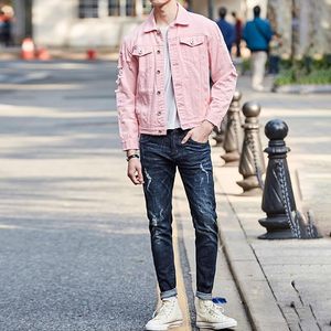 Men's Pink Denim Jacket Casual Button Front Solid Color Ripped Washed Regular Fit Breathable Windproof Eco-Friendly Spring - Product Image 6