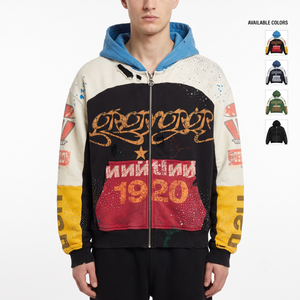 เสื้อฮู้ดซิปผู้ชายสไตล์สตรีทแวร์ปรับแต่งได้ ผ้าคอตตอนหนา 420 กรัม แต่งสีบล็อก แพทช์เวิร์ค แต่งดีเทลลายขาด ประดับคริสตัล ไซส์ XL - Product Image 1
