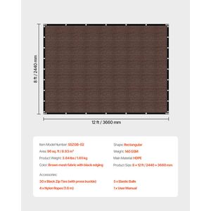 Voile d'ombrage 90% anti-UV 8 x 12 pieds pour pergola avec œillets en acier inoxydable 140 GSM, écran d'intimité, voiles et filets d'ombrage - Product Image 3