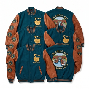 En gros Blouson universitaire bleu marine en laine, style bomber, avec broderie Clover Apiary Hive Smoker et manches en cuir crème - Product Image 6