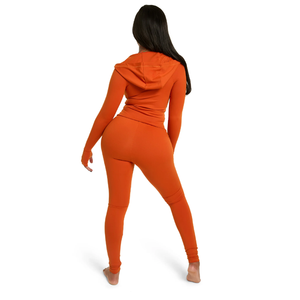 Combinaison moulante orange taille haute à manches longues pour femme avec fermeture éclair, effet ventre plat, longueur intégrale, tenue de club - Product Image 6