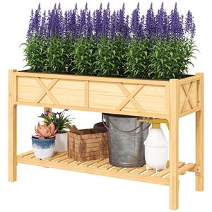47 X 22 X 31.5in Elevated Wood <b>Planter</b> <b>Box</b> with Glazed Finish Raised Garden Bed and Storage Shelf Natural Liner Drainage Holes - Product Image 1