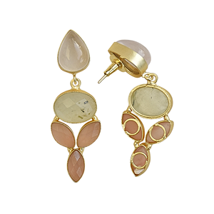 Boucles d'oreilles pendantes classiques en or plaqué 14 carats avec chalcédoine naturelle et quartz rose, faites à la main, pour mariage féminin - Product Image 2