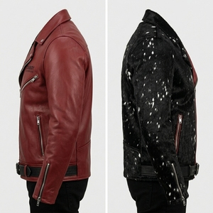 Custom Mens Genuine Cowhide <b>Leather</b> <b>Jacket</b> Half Textured Spotted Fur Biker Outerwear Motorcycle Coat Splice Zipper <b>Blazer</b> - Product Image 4