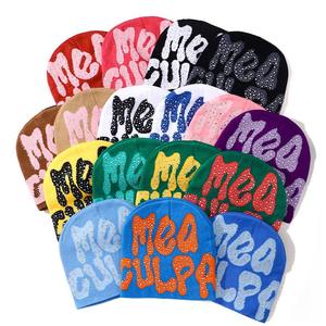 Custom Letter Pattern Rhinestone Winter <b>Hats</b> Distressed Style Silk <b>Satin</b> <b>Lined</b> Beanies with Crystal Diamond Woven Label Patch - Product Image 1