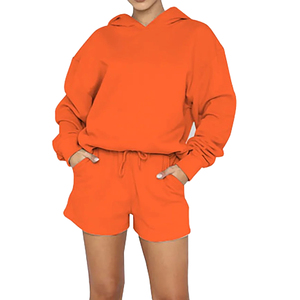 Ensemble de sweat-shirt à capuche orange pour femmes, manches longues, couleur unie, tricot en coton, short, tenue décontractée pour le printemps et l'été - Product Image 1