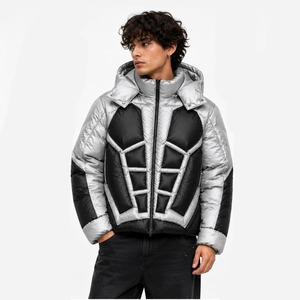 Custom Silver and Black Finished Streetwear Hooded Puffer <b>Jacket</b> with Zip Front Design for Unisex <b>Winter</b> Wear - Product Image 5