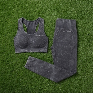 Women Charcoal Gray Acid Wash Yoga Set <b>Racerback</b> Sports <b>Bra</b> High Waist Leggings Gym Fitness Workout Activewear - Product Image 5