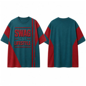 Camiseta Oversize de Color Único con Bloques de Color, Manga Corta, Cuello Redondo, Estilo Urbano, Ribete en Contraste, Estampado de Letras, Algodón con Relieve - Product Image 1