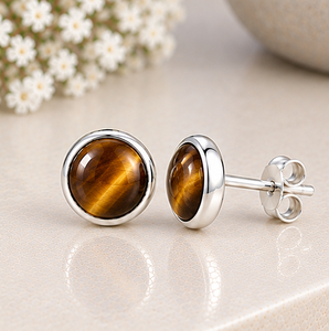 Tiger Eye <b>Silver</b> <b>Stud</b> <b>Earrings</b>, Natural Tiger Eye Gemstone <b>Earrings</b>, 925 Sterling <b>Silver</b> Round <b>Studs</b>, Golden Brown Jewelry - Product Image 2
