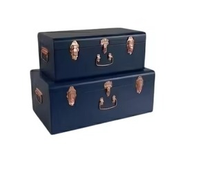 Ensemble de 2 coffres de rangement décoratifs en métal bleu royal et gris clair, en fer thermolaqué, pour objets de valeur - Product Image 3
