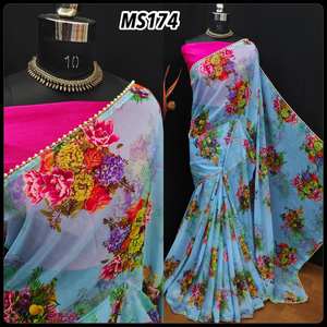 FANCY GEORGETTE CON ESTAMPADO FLORAL SAREE CON BLUSA DESCOSTIZADA SKY - Product Image 1