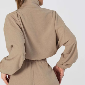 Women's Beige Knitted Tracksuit Set Long Sleeve Collar High Waist Loose Fit Solid Color Casual All Seasons Full Length Zipper - Product Image 2