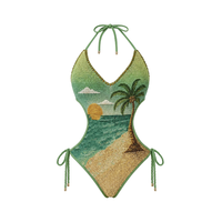 Maillot de bain une pièce brodé de perles motif citron et fleurs, sans manches, pour femme, col rond, collection été – Grande Vente