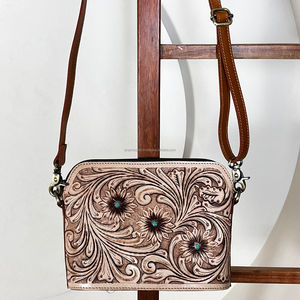 2026 Western Style Hand Tooled Leather Handbag Floral Design With Turquoise Accent Crossbody Bags for Women <b>Shoulder</b> Purse Bags - Product Image 4