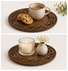 Assiette de service en bois artisanale de luxe, plateau en bois sculpté à motifs floraux vintage pour la décoration de table de mariage et les événements de dîner formels - Product Image 4