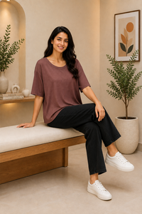 Top Corto Oversize de Algodón Estampado de Alta Calidad para Mujer, Manga Corta, Cuello Redondo, Color Marrón, Uso Diario Informal, Venta al por Mayor - Product Image 4