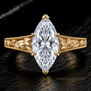 Bague de fiançailles en diamant de taille marquise cultivé en laboratoire certifié IGI, gravée à la main, motif floral vintage, solitaire en or, bijoux personnalisés - Product Image 1