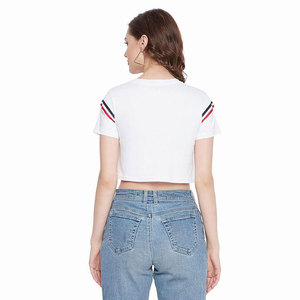 Camiseta Corta Blanca para Mujer, Cuello Redondo, Manga Corta, Tejido a Rayas, Estilo Casual, Primavera Verano, Corte Regular - Product Image 4