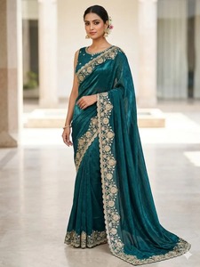 Sari de diseño con lentejuelas de seda y bordado Zari con trabajo de codificación, con blusa sin coser, color verde azulado 84550 - Product Image 1