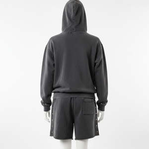 Conjunto de chándal unisex de algodón grueso con lavado vintage personalizado, sudadera con capucha con cremallera y pedrería, y pantalones cortos con cordón, dos piezas informales. - Product Image 6