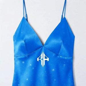 Robe longue à fines bretelles très demandée, imprimée par transfert thermique, dos croisé, couleur unie, 100 % polyester, ourlet droit pour femme - Product Image 6