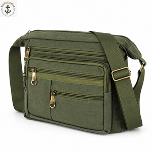 Multi Pocket Canvas Crossbody <b>Bag</b> <b>for</b> <b>Men</b> Olive Green | <b>Messenger</b> Shoulder <b>Bag</b> with Multiple Zippers Wide Adjustable Carry Strap - Product Image 1