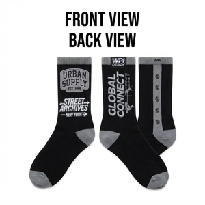 Custom Jacquard Knit Premium 200 GSM Combed Cotton Black <b>Men's</b> Crew Socks Logo Woven Label Orange Accent Quick Dry Sport - Product Image 2