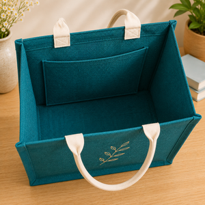 Teal Jute Tote <b>Bag</b> With Gold Leaf Embroidery <b>Medium</b> <b>Size</b> Daily Shopping <b>Bag</b> - Product Image 5