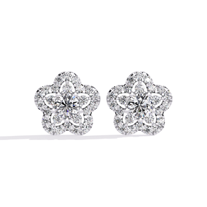 Boucles d'oreilles clous en moissanite, finition or blanc, avec pierres rondes brillantes et design floral élégant - Product Image 1