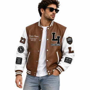New Custom University College Letterman <b>Jacket</b> Red <b>White</b> with Chenille Embroidery Faux Leather Sleeves Custom Logo OEM Factory - Product Image 2