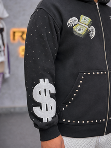 Sweat-shirt à capuche noir zippé pour homme, coupe oversize, style streetwear, en tissu French Terry, avec logo imprimé et détails en strass, vente en gros - Product Image 5