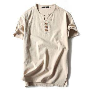 Summer Breathable Knitted Linen Cotton Satin Casual Anti-Wrinkle Single Button Turn-<b>down</b> Collar Full Sleeve Plain Men's Shirt - Product Image 1