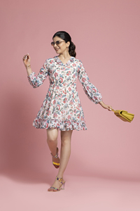 High on Demanded White Floral Printed Mini Dress <b>Three</b>-Quater Sleeves for Special Occasions Available at Affordable Price - Product Image 5