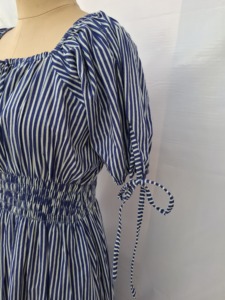 Blue Striped Cotton Midi <b>Dress</b> Puff Sleeves U Neck <b>Elastic</b> Waist A-Line Silhouette Japan Woven Fabric Casual Streetwear Sweet - Product Image 6