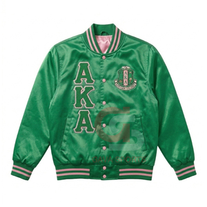 Womens Knitted embroidery sorority green pink satin Bomber Jacket Customized GREEK AKA womens lady crop breathable Satin JACKET - Product Image 1