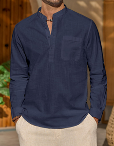 Chemise Homme <span class=keywords><strong>en</strong></span> Lin 100% à Manches Longues, Coupe Droite, Col Henley avec Poche, Qualité Supérieure, Personnalisable OEM, Printemps-Été - Product Image 2