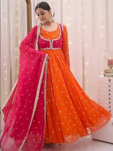 Ensemble Salwar Kameez brodé bicolore en Faux Georgette, réversible, séchage rapide, longueur ras du sol, tenue traditionnelle pour mariage et soirée pour femme - Product Image 4